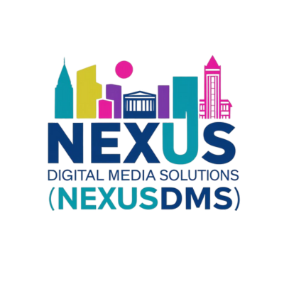 Nexus Digital Media Solutions logo with colorful city skyline illustration and text promoting restaurant digital marketing and assisted living facility ads.