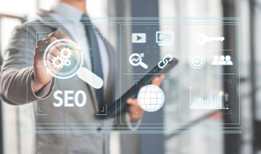 Businessperson interacting with a digital SEO interface, emphasizing restaurant marketing and assisted living facility advertising strategies.