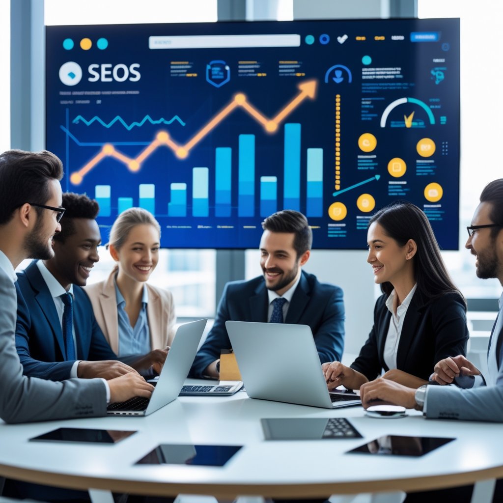 A group of business professionals collaborating around a table with devices showing charts and graphs of website growth and lead generation.
