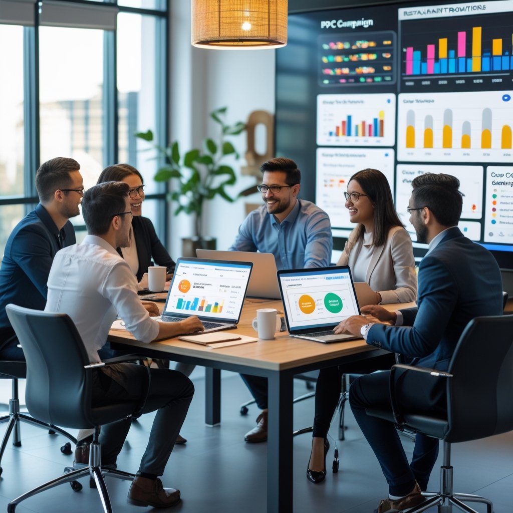 A team of marketing professionals collaborating in an office with laptops and screens showing digital advertising data related to dining services.