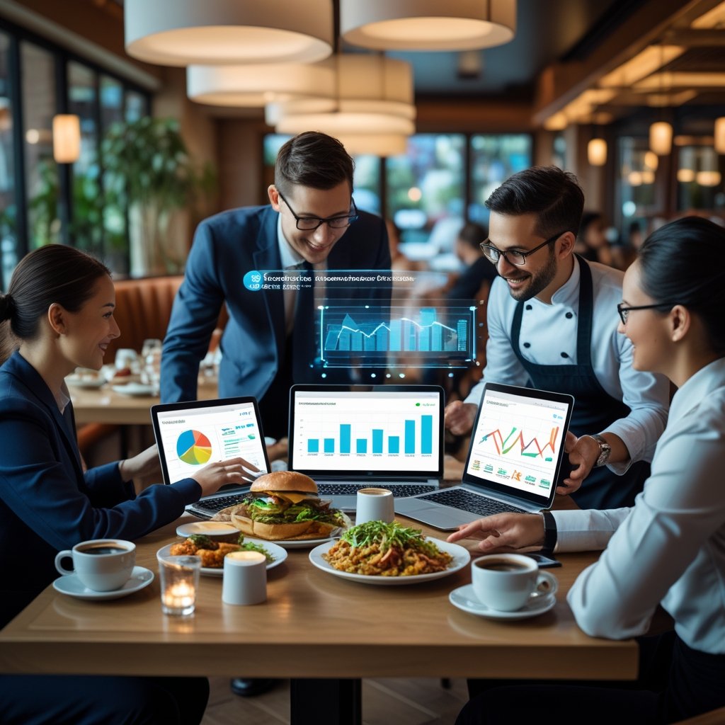 A group of restaurant staff and a marketing professional working together around a table with laptops and tablets in a modern dining restaurant.